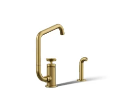 Single-handle bar sink faucet with two-function extended-reach spout and side sprayer