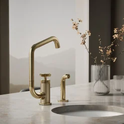 Single-handle bar sink faucet with two-function extended-reach spout and side sprayer