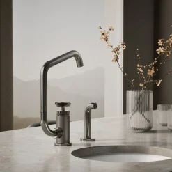 Single-handle bar sink faucet with two-function extended-reach spout and side sprayer