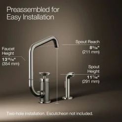 Single-handle bar sink faucet with two-function extended-reach spout and side sprayer