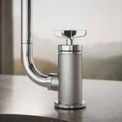 Single-handle bar sink faucet with two-function extended-reach spout and side sprayer