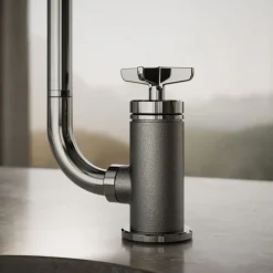 Single-handle bar sink faucet with two-function extended-reach spout and side sprayer