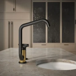 Single-handle bar sink faucet with two-function extended-reach spout and side sprayer
