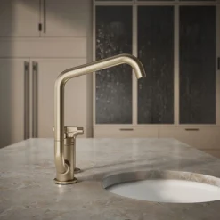 Single-handle bar sink faucet with two-function extended-reach spout and side sprayer