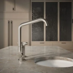 Single-handle bar sink faucet with two-function extended-reach spout and side sprayer