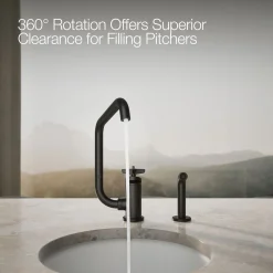 Single-handle bar sink faucet with two-function extended-reach spout and side sprayer