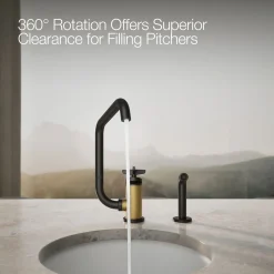 Single-handle bar sink faucet with two-function extended-reach spout and side sprayer