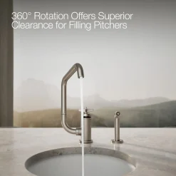 Single-handle bar sink faucet with two-function extended-reach spout and side sprayer