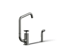 Single-handle bar sink faucet with two-function extended-reach spout and side sprayer
