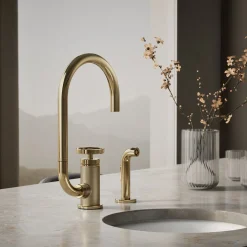 Single-handle bar sink faucet with two-function extended-reach spout and side sprayer