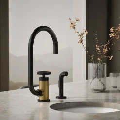 Single-handle bar sink faucet with two-function extended-reach spout and side sprayer