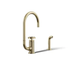 Single-handle bar sink faucet with two-function extended-reach spout and side sprayer