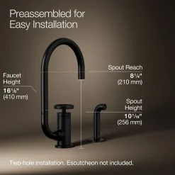 Single-handle bar sink faucet with two-function extended-reach spout and side sprayer