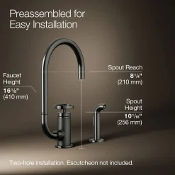 Single-handle bar sink faucet with two-function extended-reach spout and side sprayer