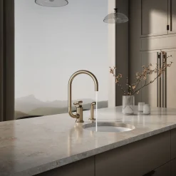 Single-handle bar sink faucet with two-function extended-reach spout and side sprayer