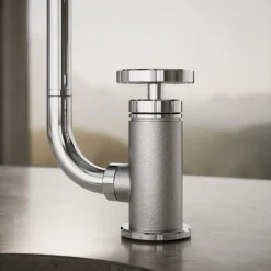 Single-handle bar sink faucet with two-function extended-reach spout and side sprayer