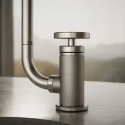 Single-handle bar sink faucet with two-function extended-reach spout and side sprayer