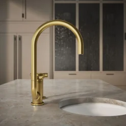 Single-handle bar sink faucet with two-function extended-reach spout and side sprayer