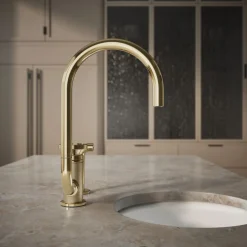 Single-handle bar sink faucet with two-function extended-reach spout and side sprayer