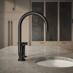 Single-handle bar sink faucet with two-function extended-reach spout and side sprayer