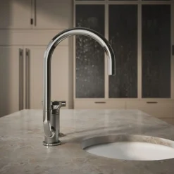 Single-handle bar sink faucet with two-function extended-reach spout and side sprayer