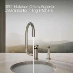Single-handle bar sink faucet with two-function extended-reach spout and side sprayer