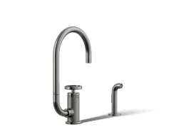 Single-handle bar sink faucet with two-function extended-reach spout and side sprayer