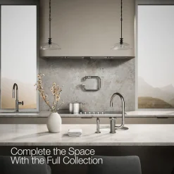Single-handle bar sink faucet with two-function extended-reach spout and side sprayer