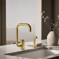 Single-handle kitchen sink faucet with two-function extended-reach spout and side sprayer
