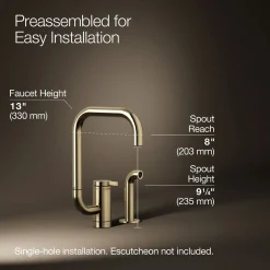 Single-handle kitchen sink faucet with two-function extended-reach spout and side sprayer