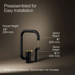 Single-handle kitchen sink faucet with two-function extended-reach spout and side sprayer