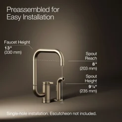 Single-handle kitchen sink faucet with two-function extended-reach spout and side sprayer