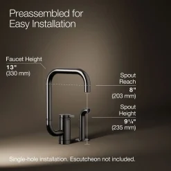Single-handle kitchen sink faucet with two-function extended-reach spout and side sprayer