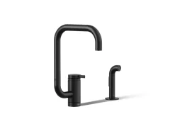 Single-handle kitchen sink faucet with two-function extended-reach spout and side sprayer