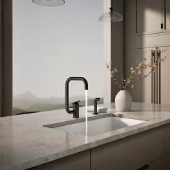 Single-handle kitchen sink faucet with two-function extended-reach spout and side sprayer