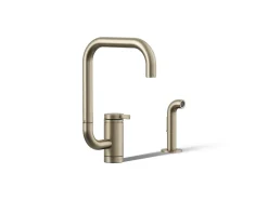 Single-handle kitchen sink faucet with two-function extended-reach spout and side sprayer