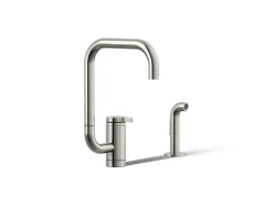 Single-handle kitchen sink faucet with two-function extended-reach spout and side sprayer