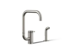 Single-handle kitchen sink faucet with two-function extended-reach spout and side sprayer