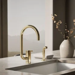 Single-handle kitchen sink faucet with two-function extended-reach spout and side sprayer