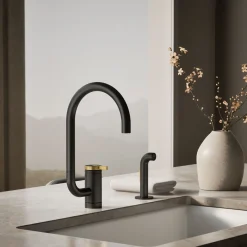 Single-handle kitchen sink faucet with two-function extended-reach spout and side sprayer