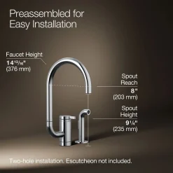 Single-handle kitchen sink faucet with two-function extended-reach spout and side sprayer
