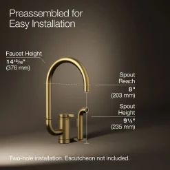 Single-handle kitchen sink faucet with two-function extended-reach spout and side sprayer