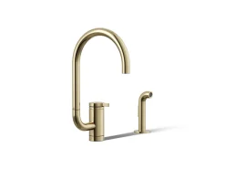Single-handle kitchen sink faucet with two-function extended-reach spout and side sprayer