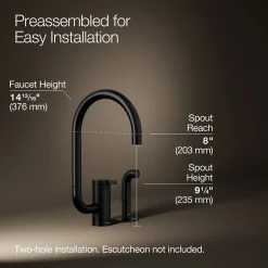 Single-handle kitchen sink faucet with two-function extended-reach spout and side sprayer