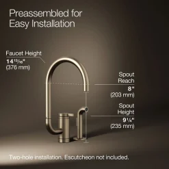 Single-handle kitchen sink faucet with two-function extended-reach spout and side sprayer