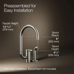 Single-handle kitchen sink faucet with two-function extended-reach spout and side sprayer