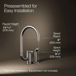 Single-handle kitchen sink faucet with two-function extended-reach spout and side sprayer