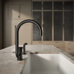 Single-handle kitchen sink faucet with two-function extended-reach spout and side sprayer