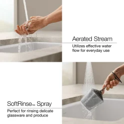 Single-handle kitchen sink faucet with two-function extended-reach spout and side sprayer