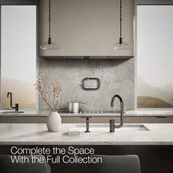 Single-handle kitchen sink faucet with two-function extended-reach spout and side sprayer